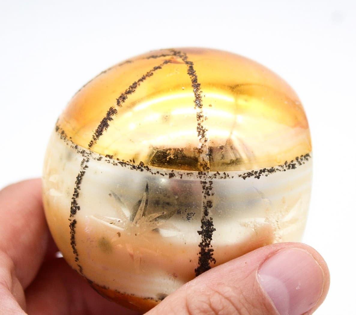 Vintage Poland Yellow Indent Reflector Mica Round Glass Christmas Ornament - Thumbnail 3