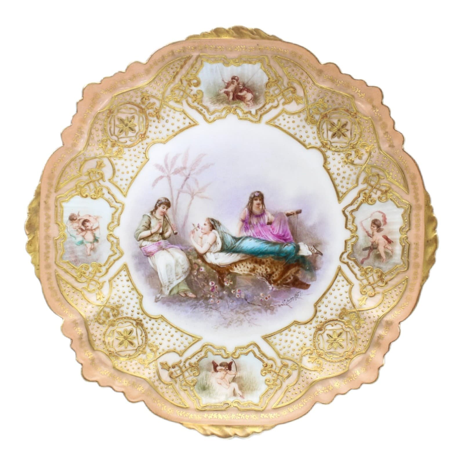 Antique Sevres Limoges France Hand Painted Signed Romantic Scenic Jeweled Plate - Image 1