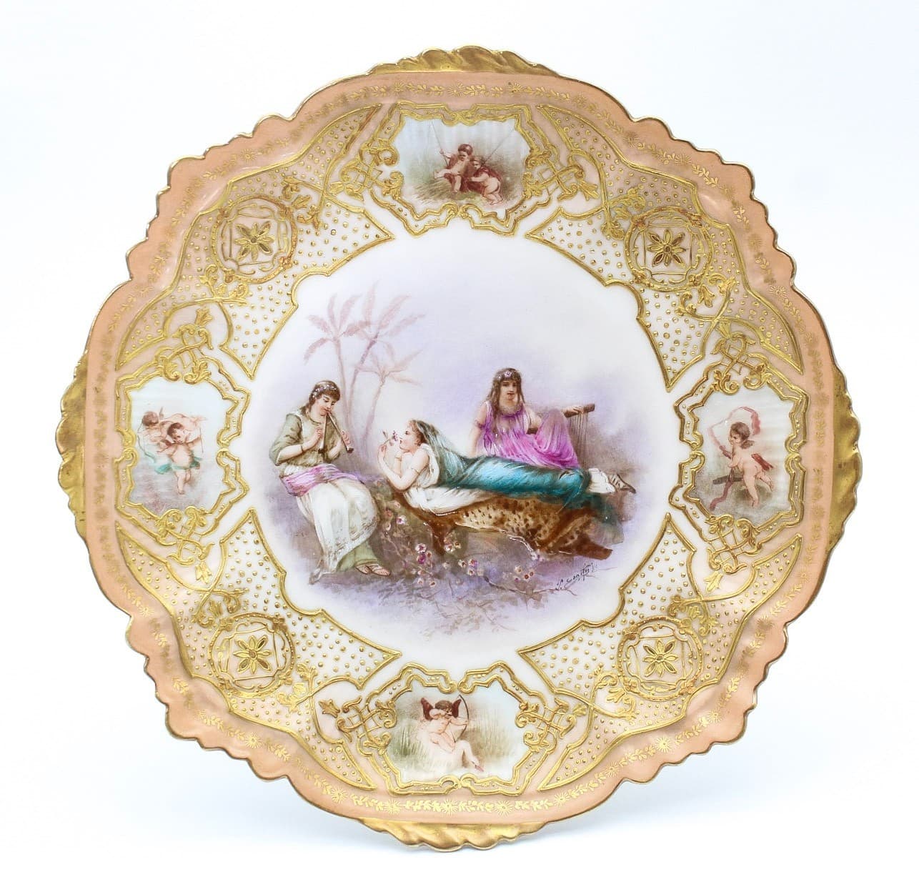 Antique Sevres Limoges France Hand Painted Signed Romantic Scenic Jeweled Plate - Thumbnail 14