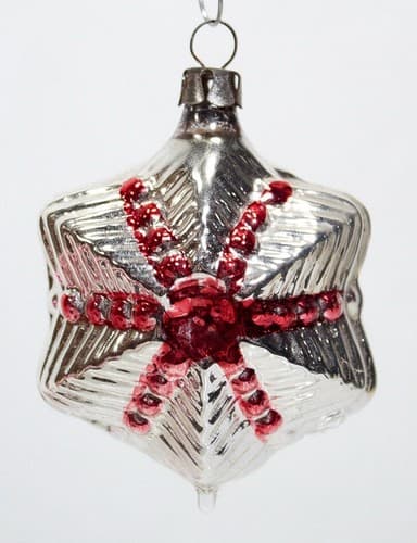 Antique European Blown Glass Red & Silver Motif Christmas Ornament - Thumbnail 5