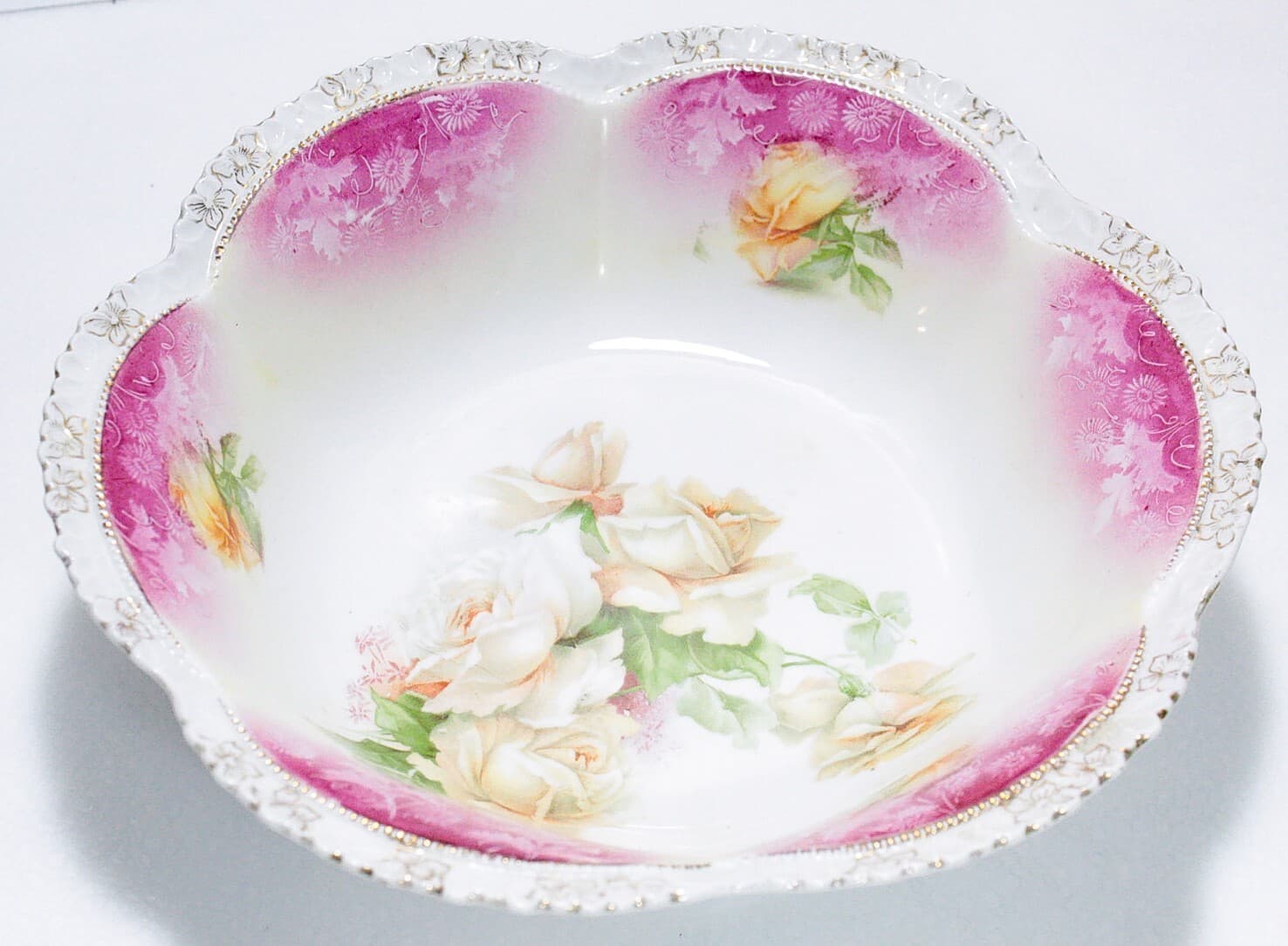 RS PRUSSIA Antique Yellow Roses Large Serving Porcelain Ornate Bowl 11" - Thumbnail 7