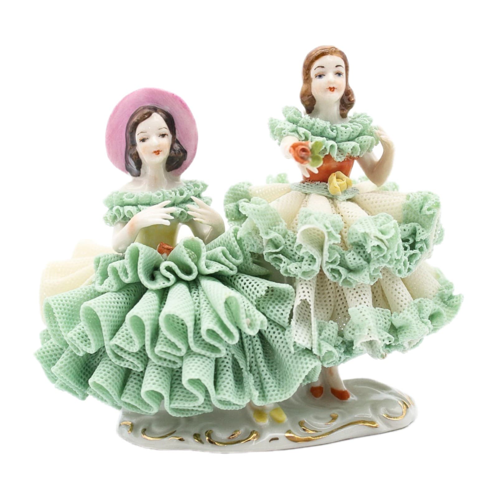 Dresden Dancing Twins Germany Vintage Hand Painted Laced Porcelain Figurine 4" - Image 1
