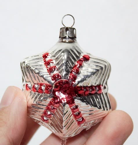 Antique European Blown Glass Red & Silver Motif Christmas Ornament - Thumbnail 3