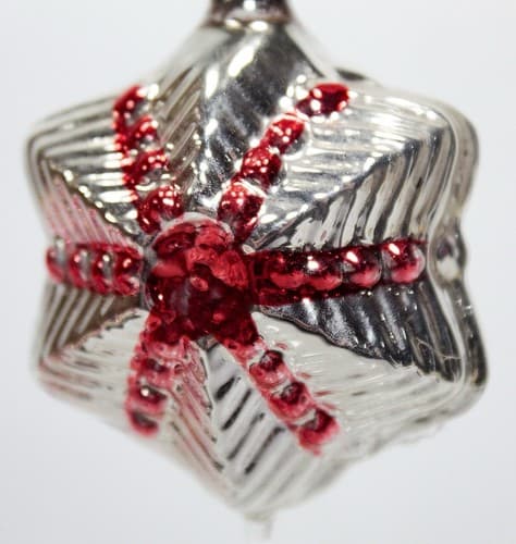 Antique European Blown Glass Red & Silver Motif Christmas Ornament - Thumbnail 2