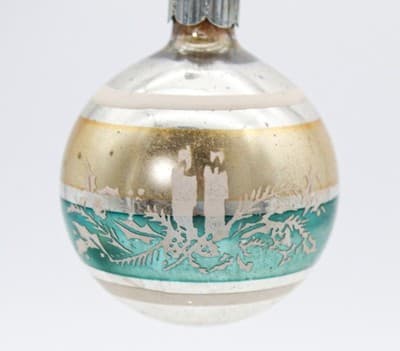 Shiny Brite Vintage Stencil Candles Silvered Beige Blue Glass Christmas Ornament - Thumbnail 5