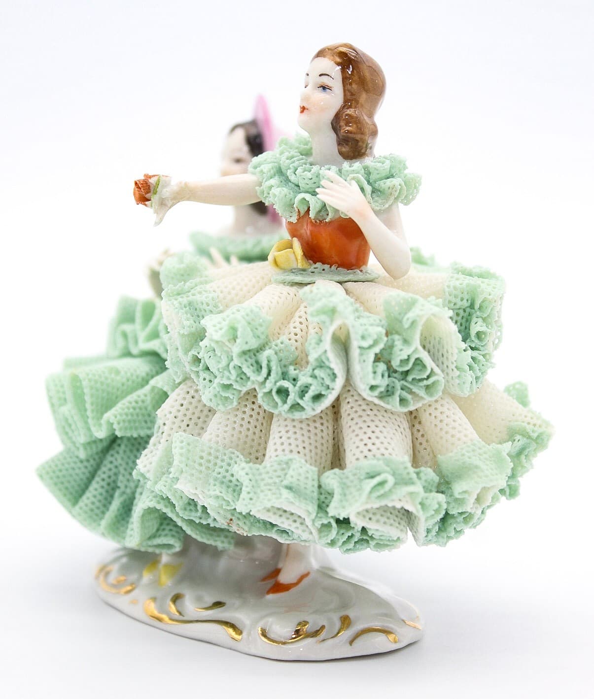 Dresden Dancing Twins Germany Vintage Hand Painted Laced Porcelain Figurine 4" - Thumbnail 2
