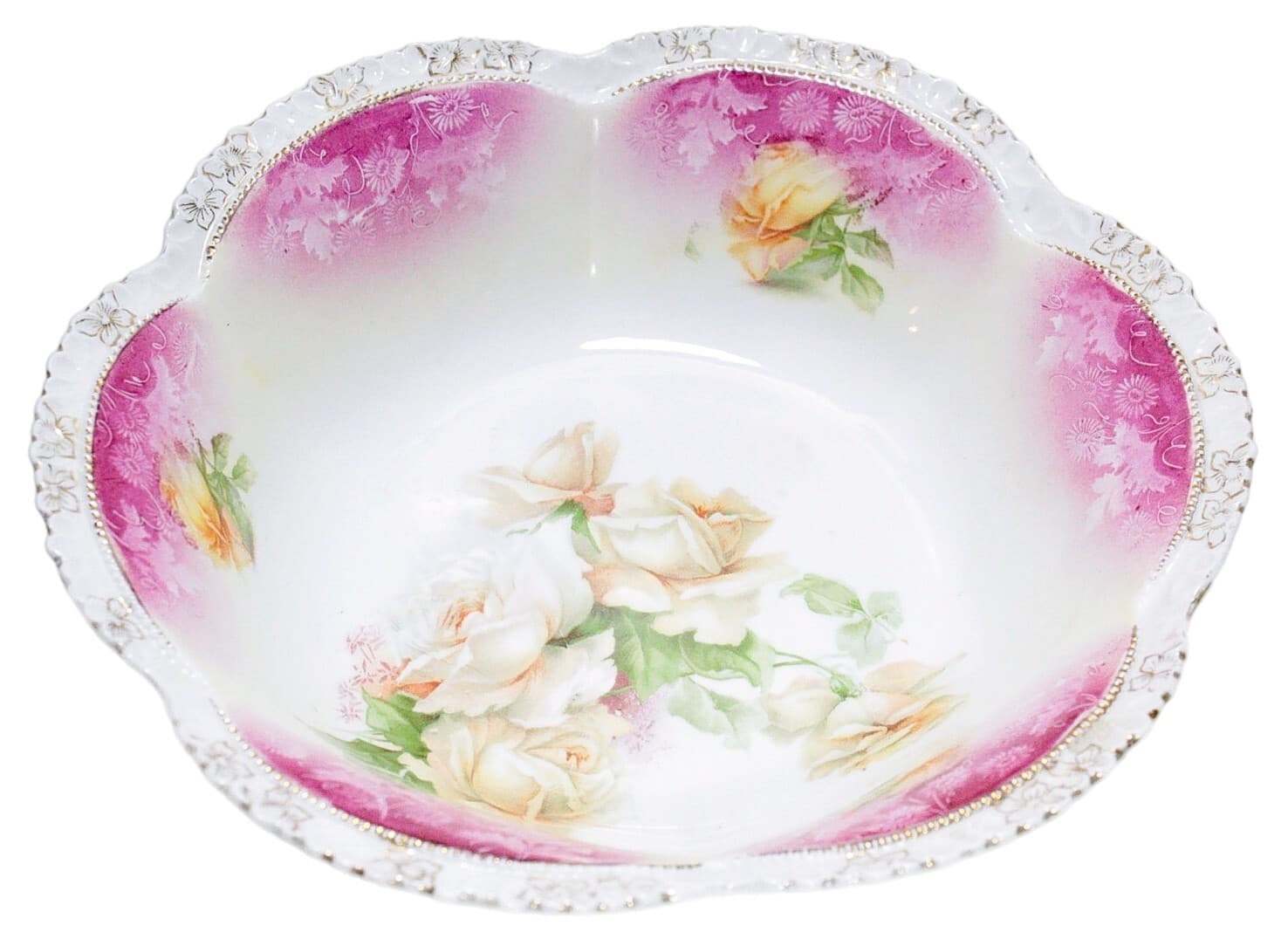 RS PRUSSIA Antique Yellow Roses Large Serving Porcelain Ornate Bowl 11" - Image 1