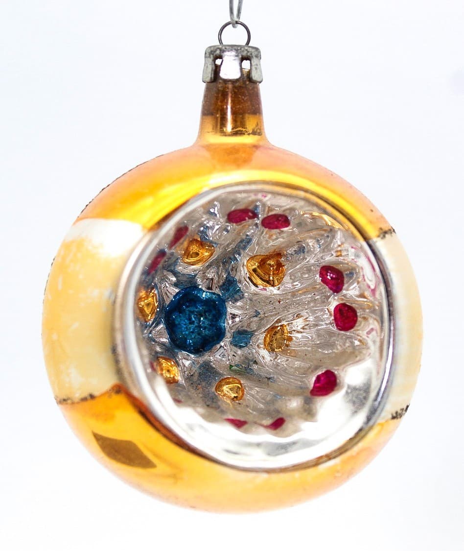 Vintage Poland Yellow Indent Reflector Mica Round Glass Christmas Ornament - Thumbnail 7