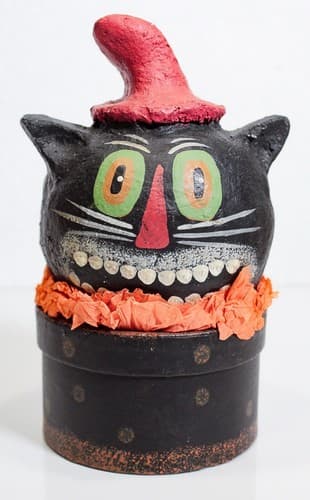 Vintage Paper Mache Hand Painted Halloween Cat Motif Container Box - Thumbnail 6