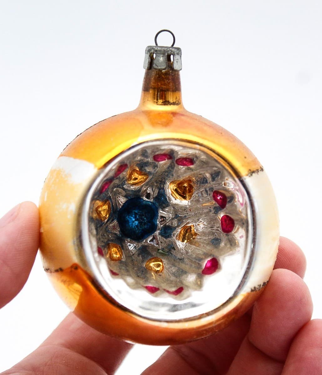 Vintage Poland Yellow Indent Reflector Mica Round Glass Christmas Ornament - Thumbnail 2