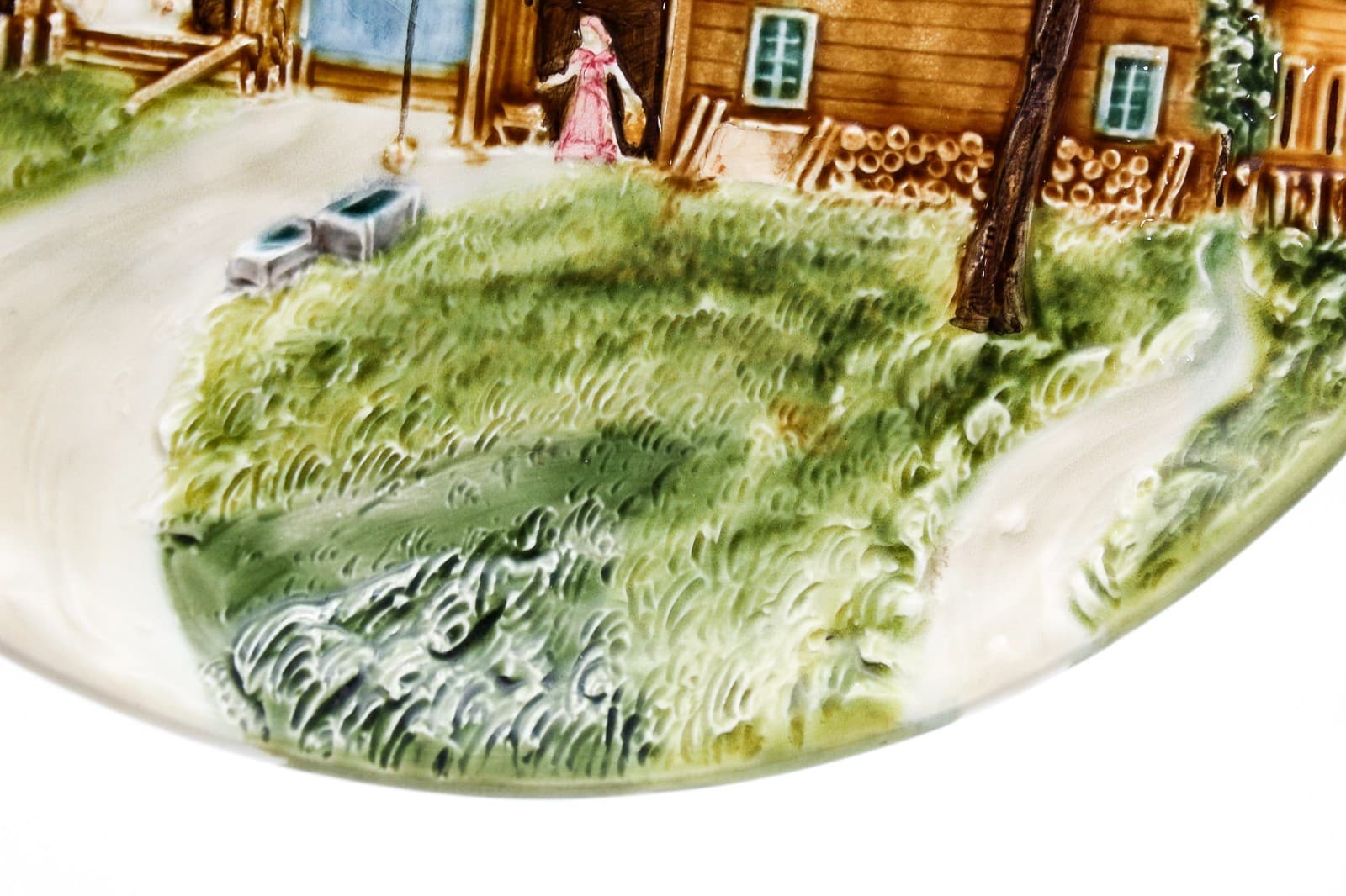 Majolica Germany Low Relief Landscape Porcelain Hand Painted Wall Plate - Thumbnail 3