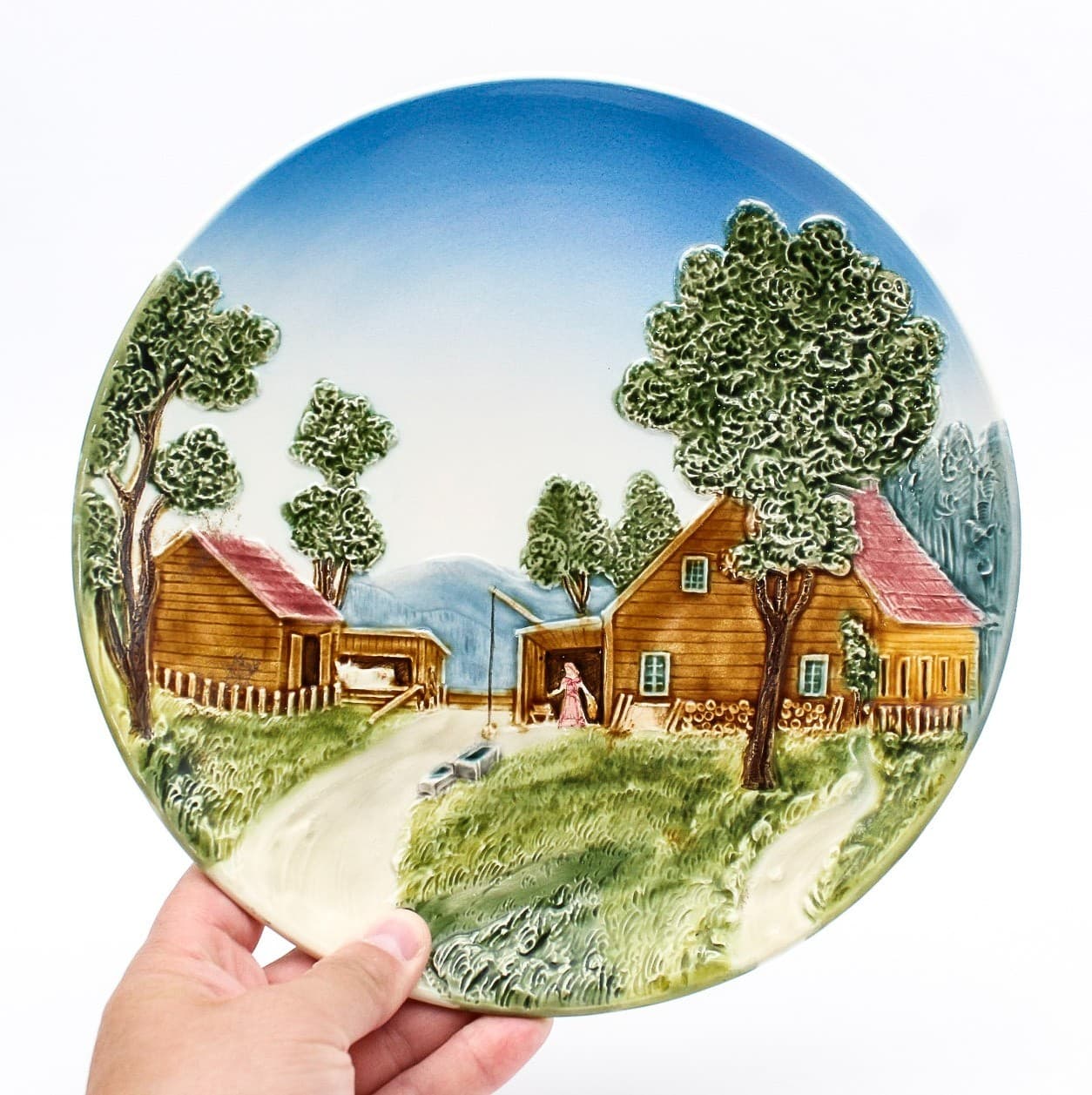 Majolica Germany Low Relief Landscape Porcelain Hand Painted Wall Plate - Thumbnail 2