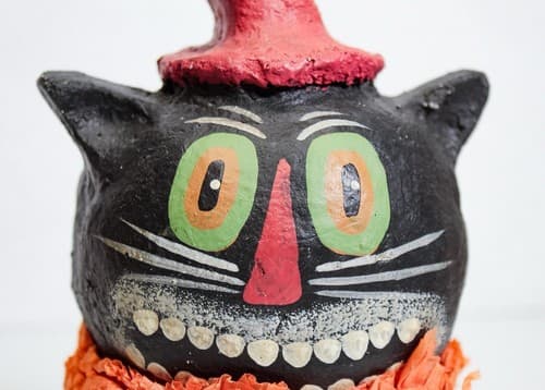 Vintage Paper Mache Hand Painted Halloween Cat Motif Container Box - Thumbnail 2