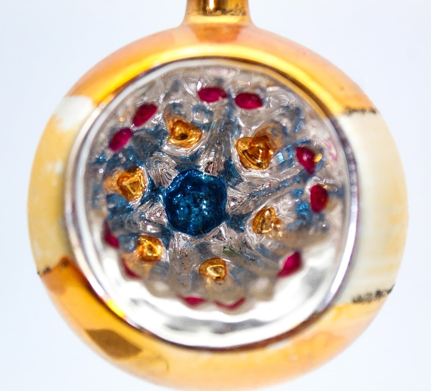 Vintage Poland Yellow Indent Reflector Mica Round Glass Christmas Ornament - Thumbnail 6