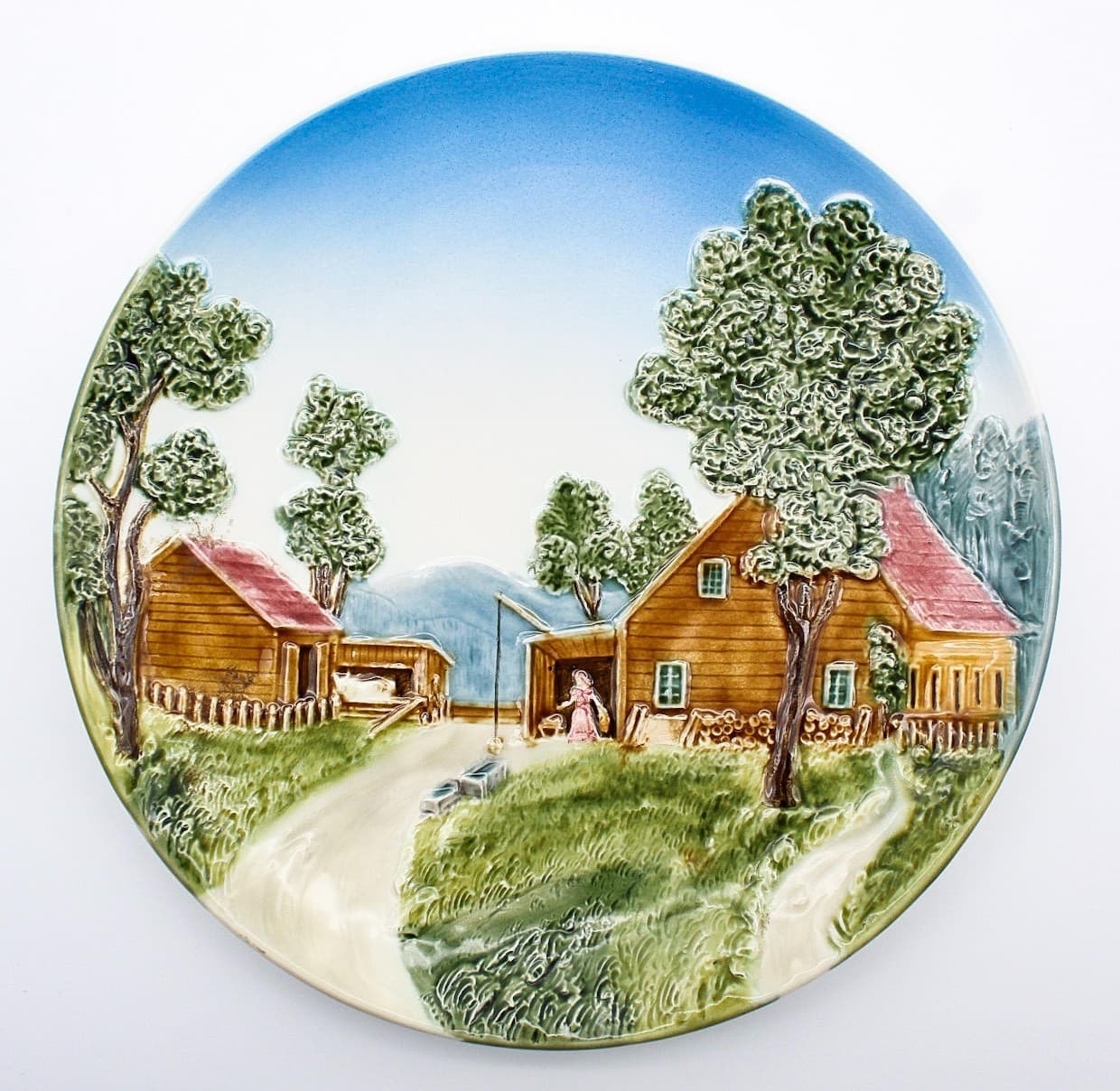 Majolica Germany Low Relief Landscape Porcelain Hand Painted Wall Plate - Thumbnail 10