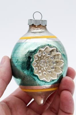 Shiny Brite Teardrop Double Reflector Teal & Yellow Stripe Glass Ornament - Thumbnail 2