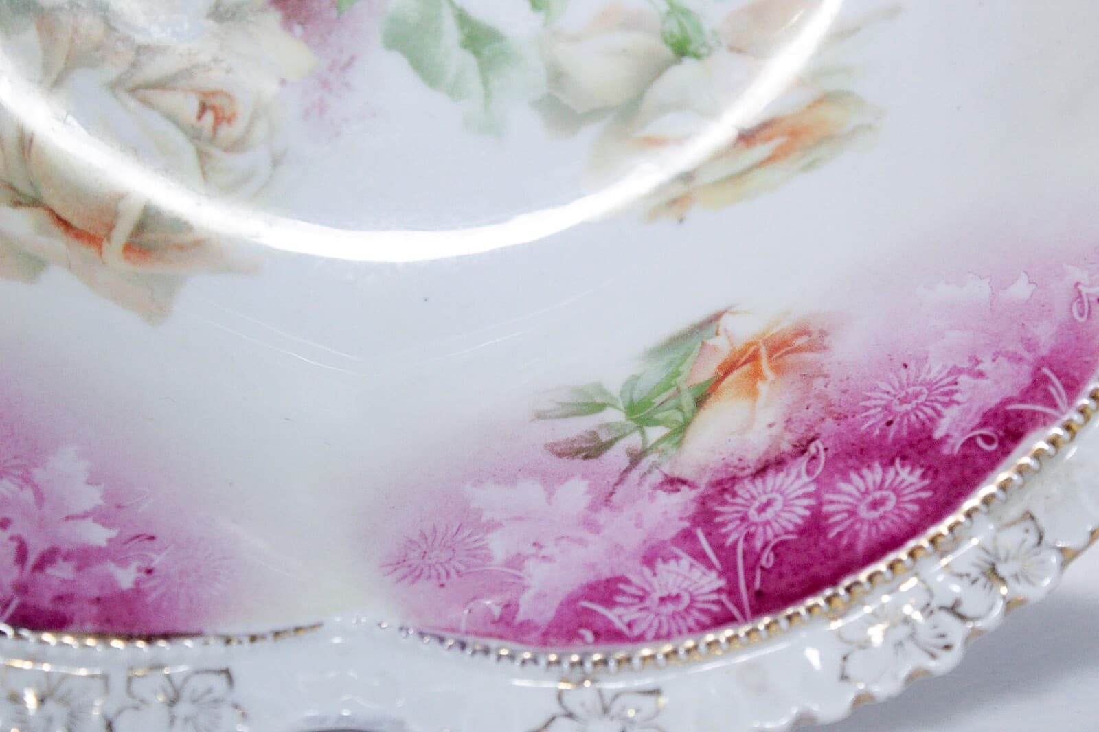 RS PRUSSIA Antique Yellow Roses Large Serving Porcelain Ornate Bowl 11" - Thumbnail 4
