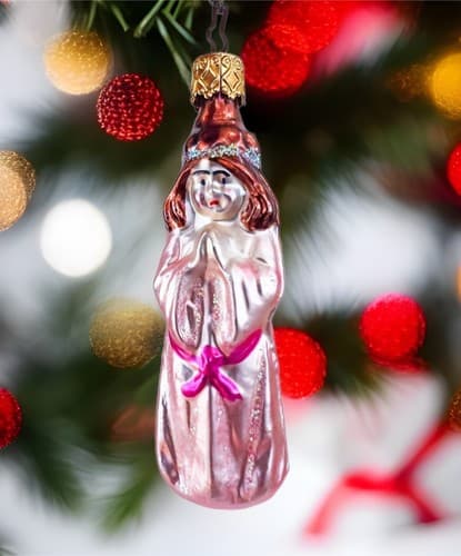 Vintage Inge Glas Germany Pink Praying Angel Blown Glass Christmas Ornament - Image 1