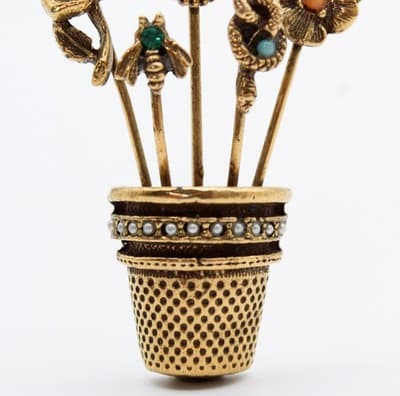 Vintage Gold Tone Thimble Seed Pearl Assorted Stick Pin Motif Pin Brooch - Thumbnail 4
