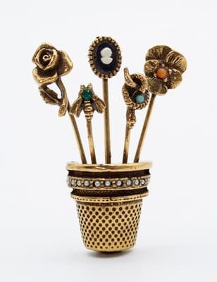 Vintage Gold Tone Thimble Seed Pearl Assorted Stick Pin Motif Pin Brooch - Thumbnail 7