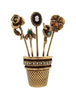 Vintage Gold Tone Thimble Seed Pearl Assorted Stick Pin Motif Pin Brooch - Image 1