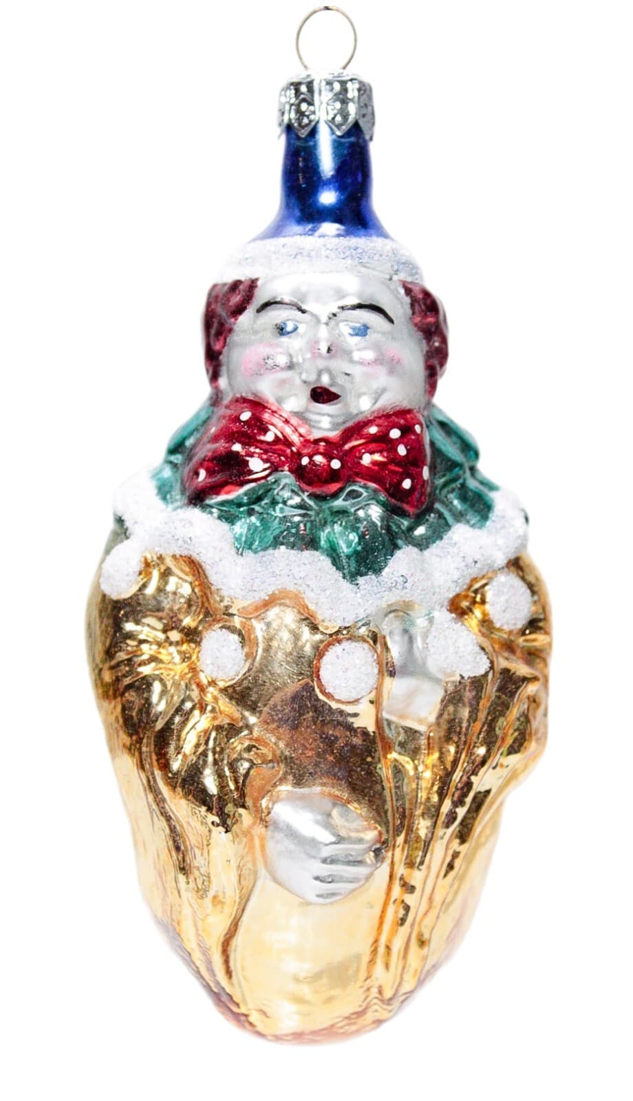 Vintage Made In POLAND Gold Jester Clown Motif Glass Christmas Ornament - Image 1