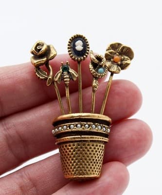 Vintage Gold Tone Thimble Seed Pearl Assorted Stick Pin Motif Pin Brooch - Thumbnail 2