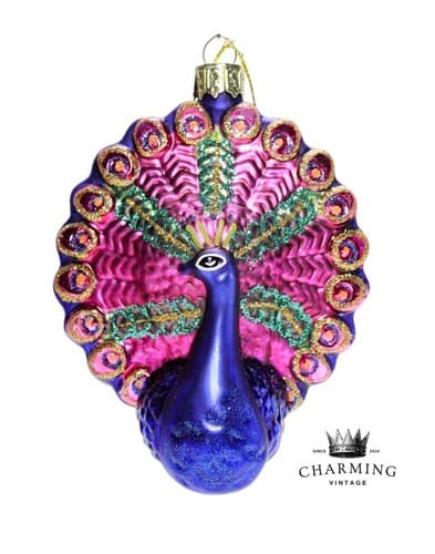 Vtg LAO-MAI Glitter Hand Decorated Peacock Multicolor Glass Christmas Ornament - Image 1