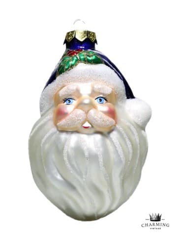 Vintage SPF Glass Santa Head Blue Hat Christmas Ornament - Image 1