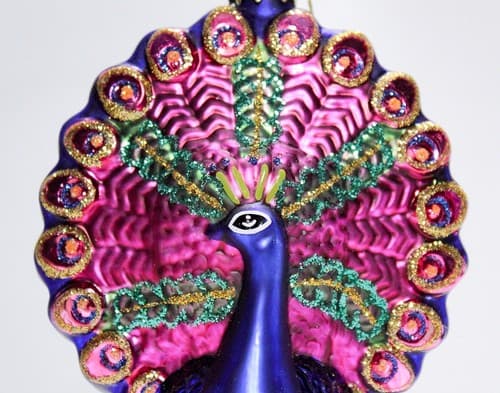 Vtg LAO-MAI Glitter Hand Decorated Peacock Multicolor Glass Christmas Ornament - Thumbnail 2