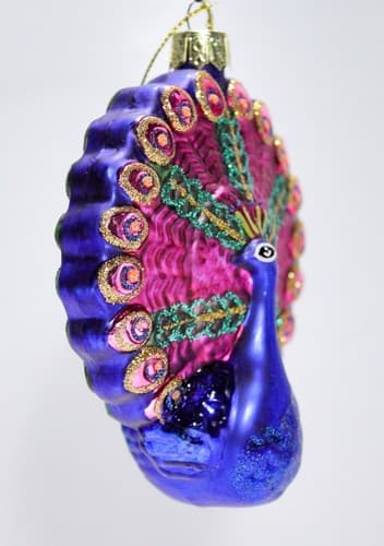 Vtg LAO-MAI Glitter Hand Decorated Peacock Multicolor Glass Christmas Ornament - Thumbnail 4