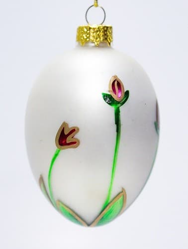 Vintage Hand Painted Egg Shape Tulip Floral Motif Glass Christmas Ornament - Thumbnail 4
