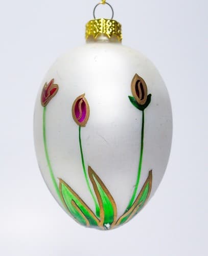 Vintage Hand Painted Egg Shape Tulip Floral Motif Glass Christmas Ornament - Thumbnail 7
