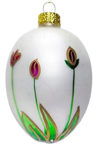 Vintage Hand Painted Egg Shape Tulip Floral Motif Glass Christmas Ornament - Image 1