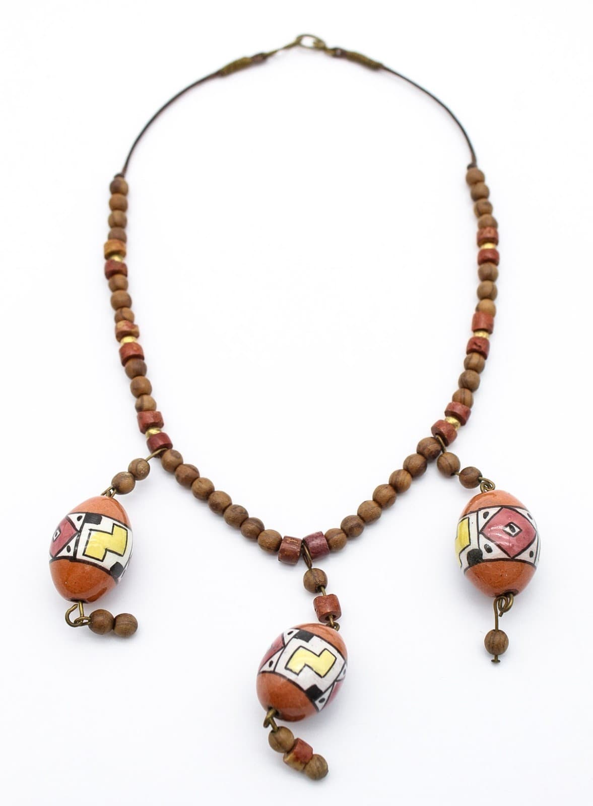 Vintage Tribal Style Hand Painted Ceramic & Wood Bead Statement Necklace - Thumbnail 9