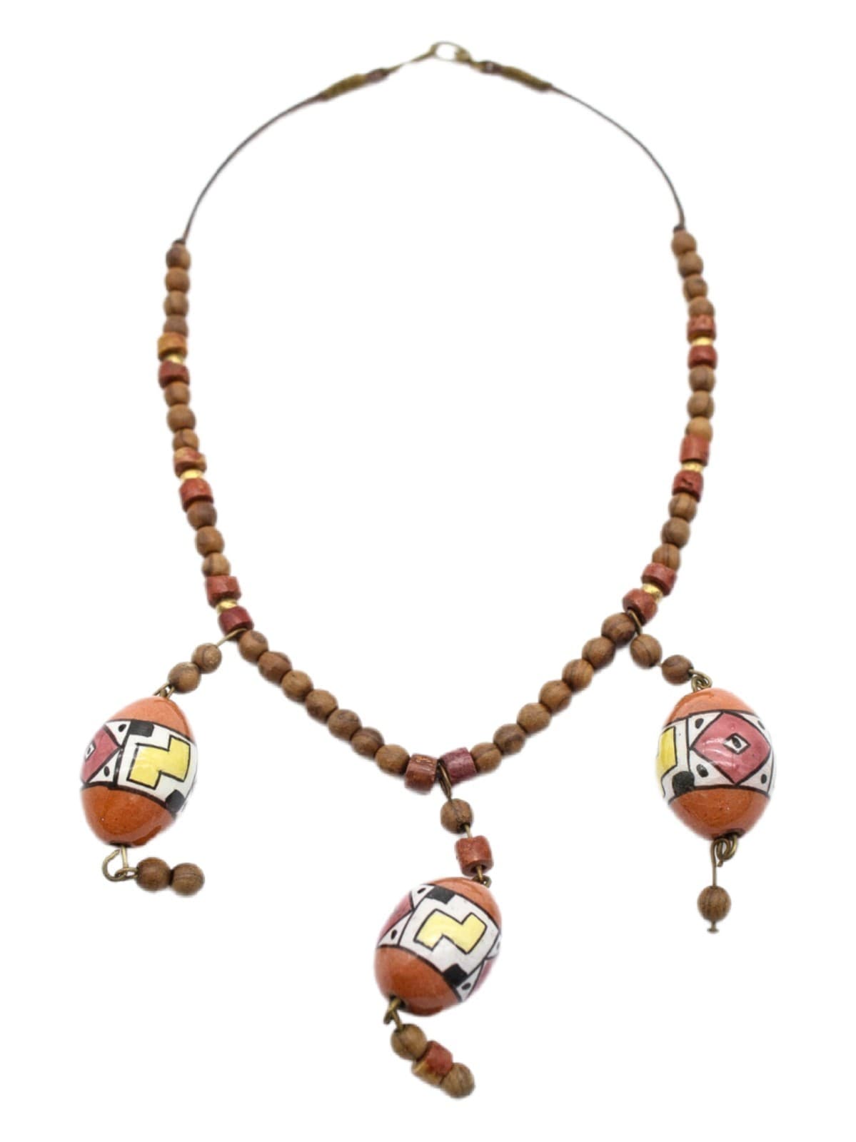 Vintage Tribal Style Hand Painted Ceramic & Wood Bead Statement Necklace - Image 1