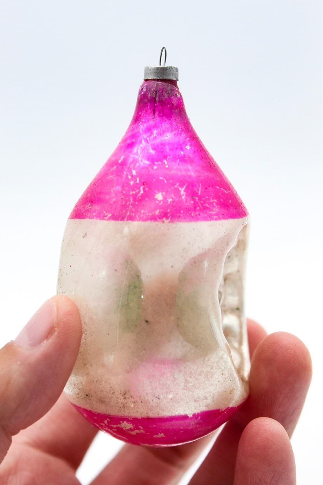 Vtg Made In Poland Mercury Glass Pink Silver Indent Reflector Teardrop Ornament - Thumbnail 3