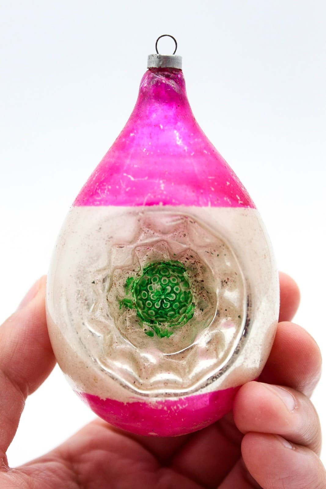 Vtg Made In Poland Mercury Glass Pink Silver Indent Reflector Teardrop Ornament - Thumbnail 4