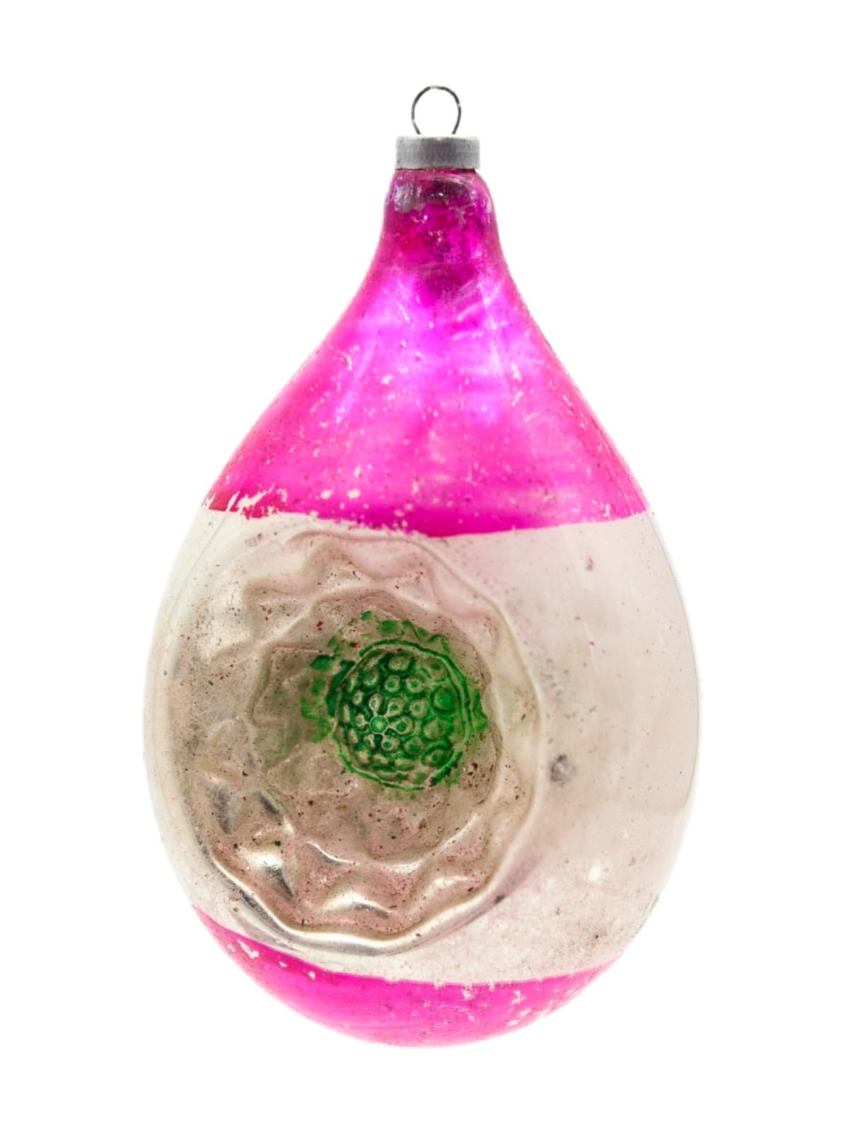 Vtg Made In Poland Mercury Glass Pink Silver Indent Reflector Teardrop Ornament - Image 1