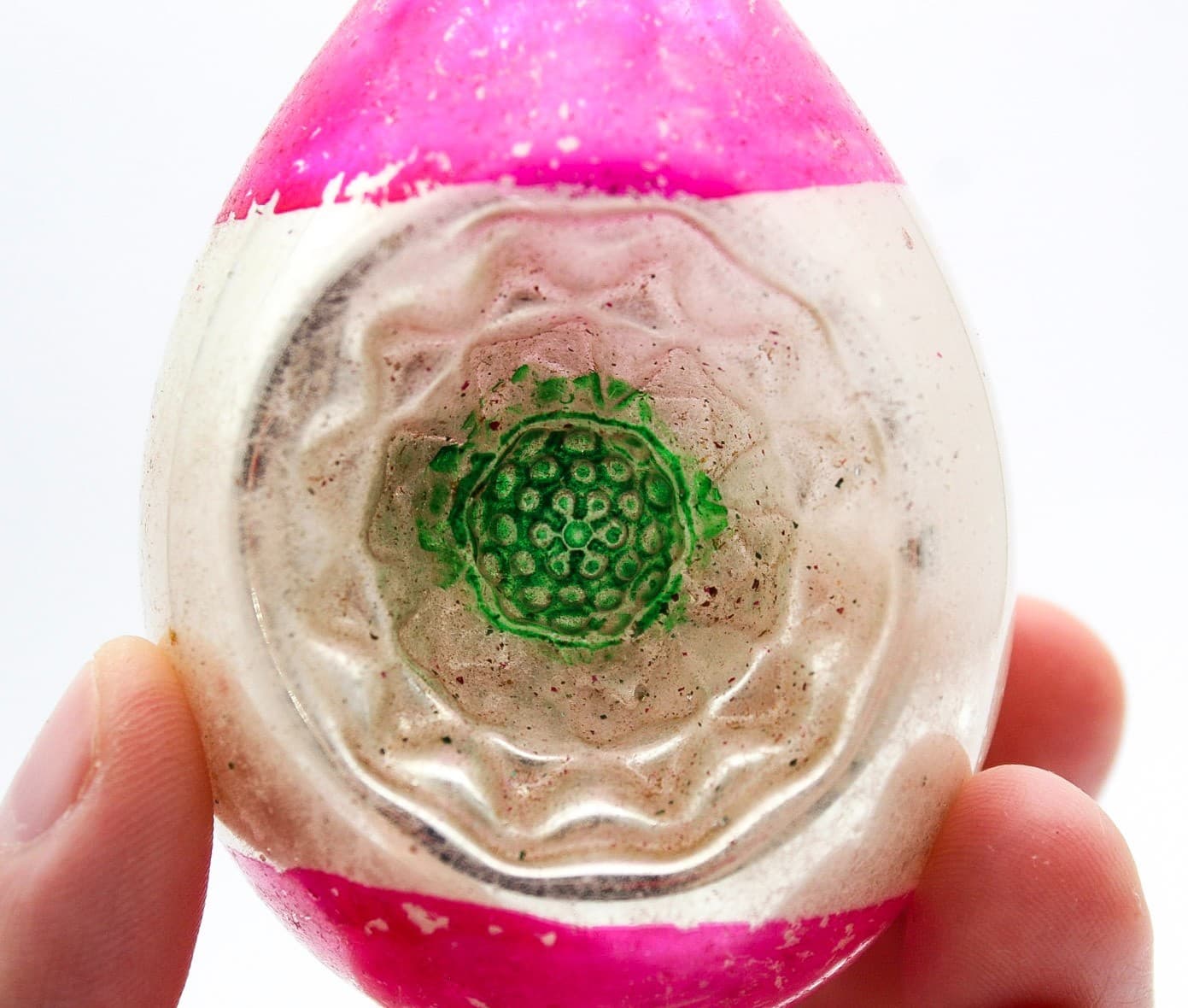 Vtg Made In Poland Mercury Glass Pink Silver Indent Reflector Teardrop Ornament - Thumbnail 2