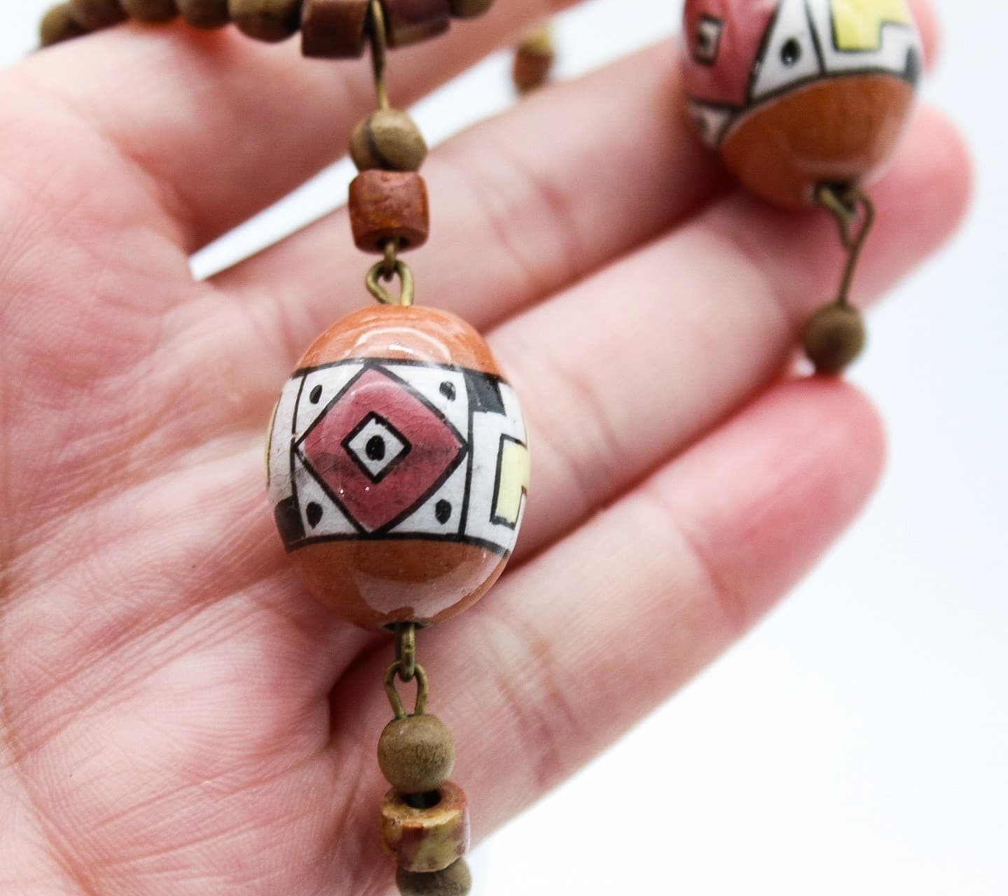 Vintage Tribal Style Hand Painted Ceramic & Wood Bead Statement Necklace - Thumbnail 6