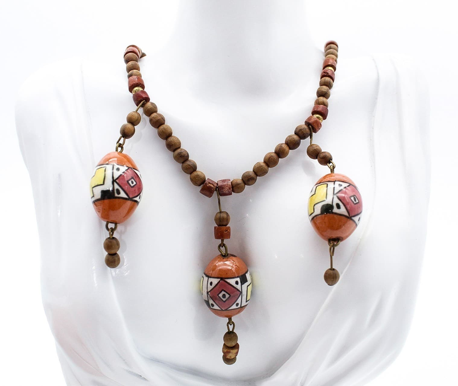 Vintage Tribal Style Hand Painted Ceramic & Wood Bead Statement Necklace - Thumbnail 2