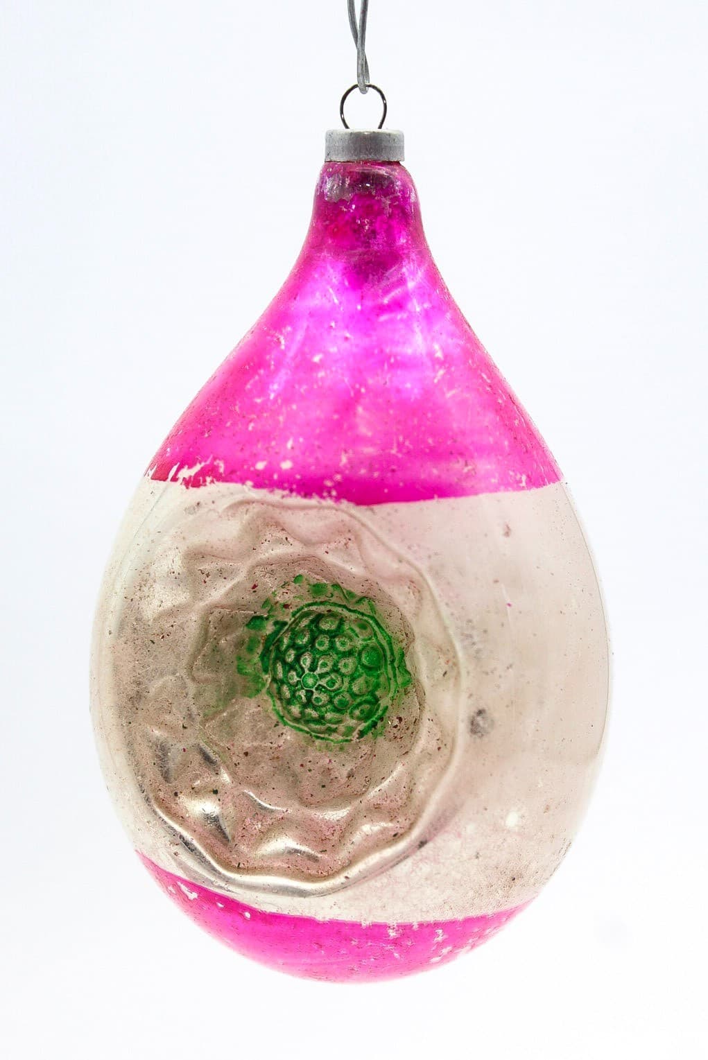 Vtg Made In Poland Mercury Glass Pink Silver Indent Reflector Teardrop Ornament - Thumbnail 8