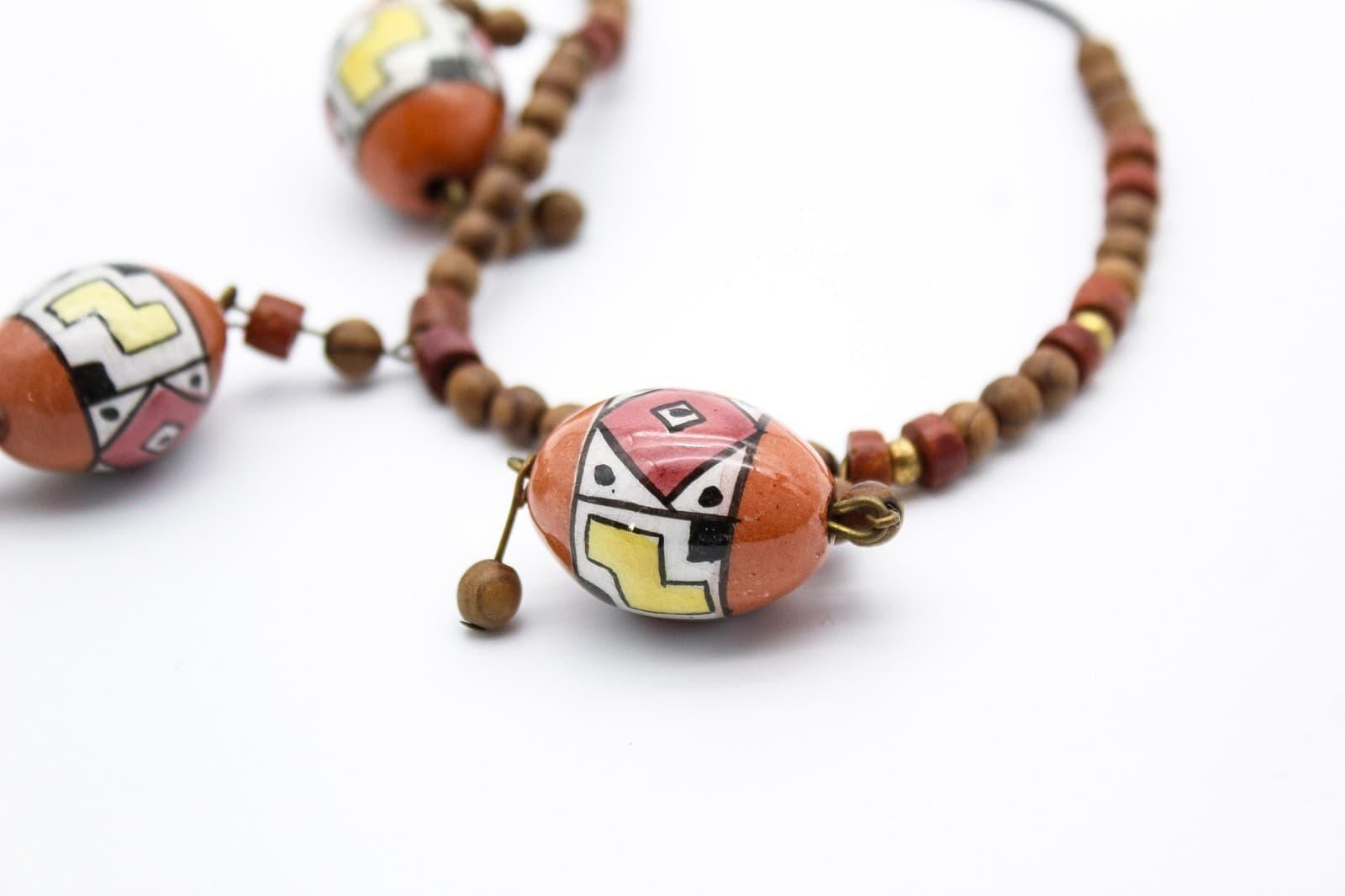 Vintage Tribal Style Hand Painted Ceramic & Wood Bead Statement Necklace - Thumbnail 5