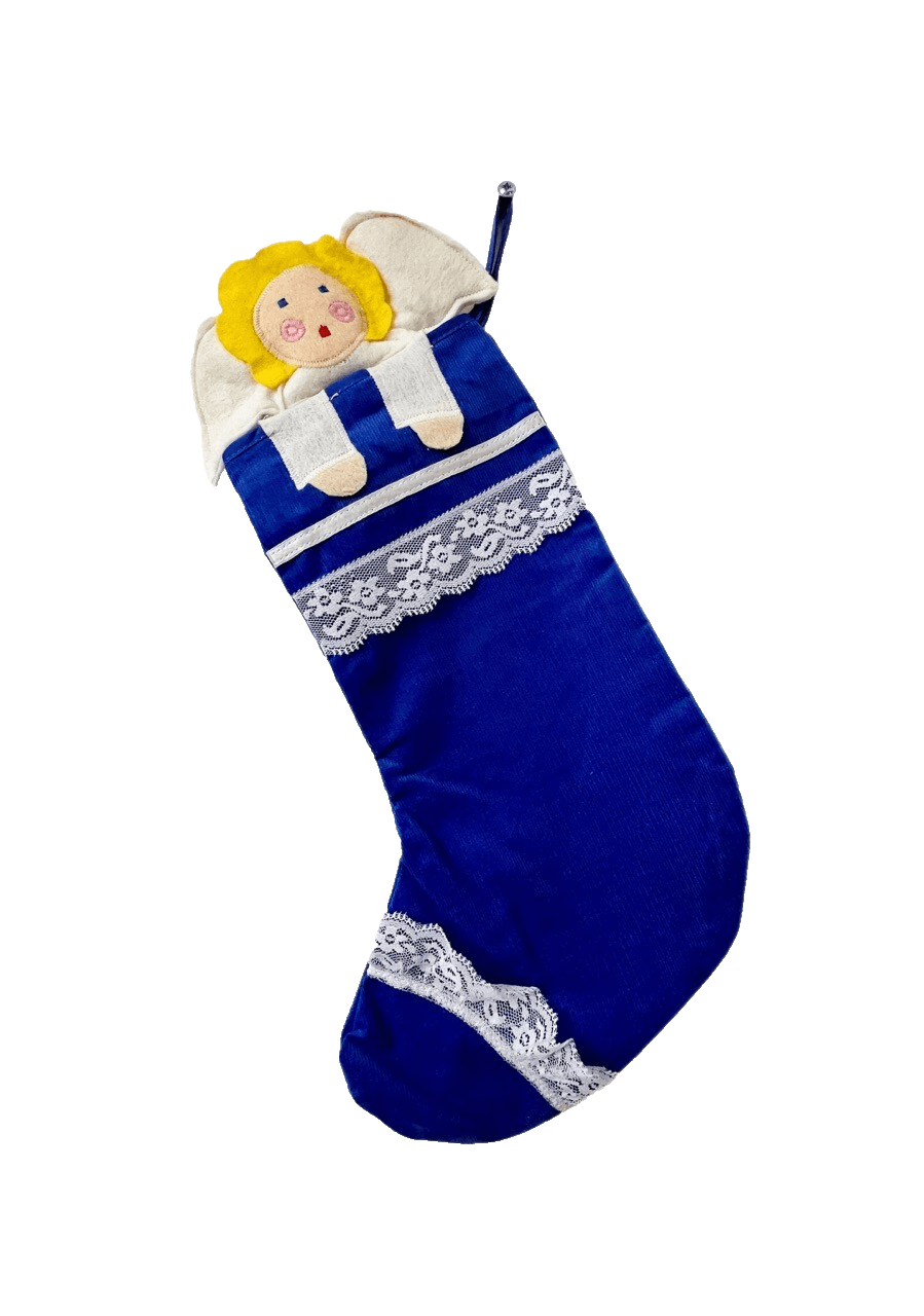 1970 Ceshire Salem Mass. Primitive Folk Art Angel Christmas Stocking - Image 1
