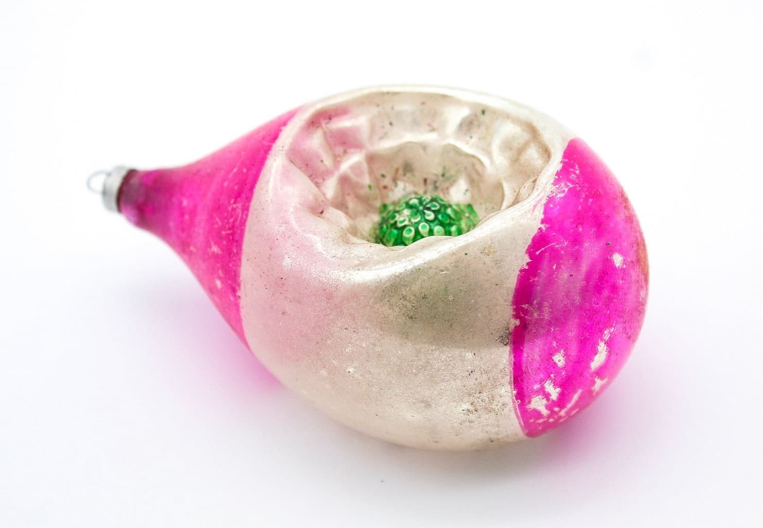 Vtg Made In Poland Mercury Glass Pink Silver Indent Reflector Teardrop Ornament - Thumbnail 7