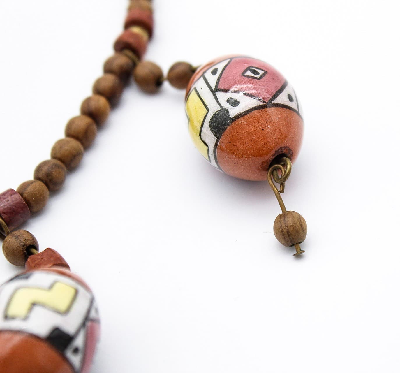 Vintage Tribal Style Hand Painted Ceramic & Wood Bead Statement Necklace - Thumbnail 7