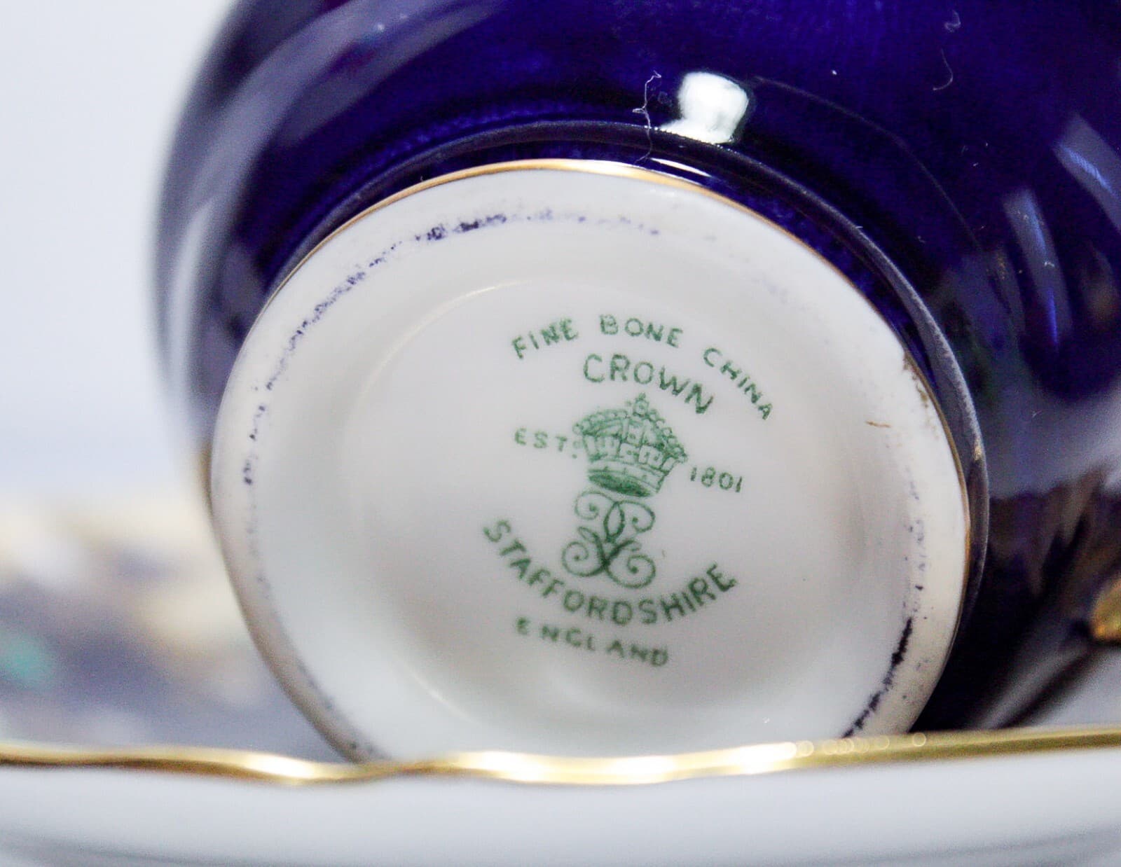 CROWN STAFFORDSHIRE Antique England Fine Bone China Cobalt Floral Cup & Saucer - Thumbnail 3