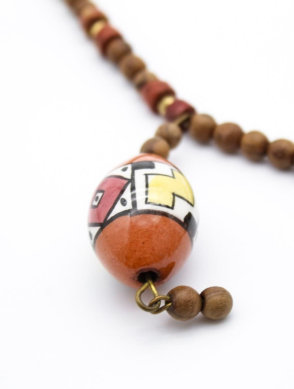 Vintage Tribal Style Hand Painted Ceramic & Wood Bead Statement Necklace - Thumbnail 8