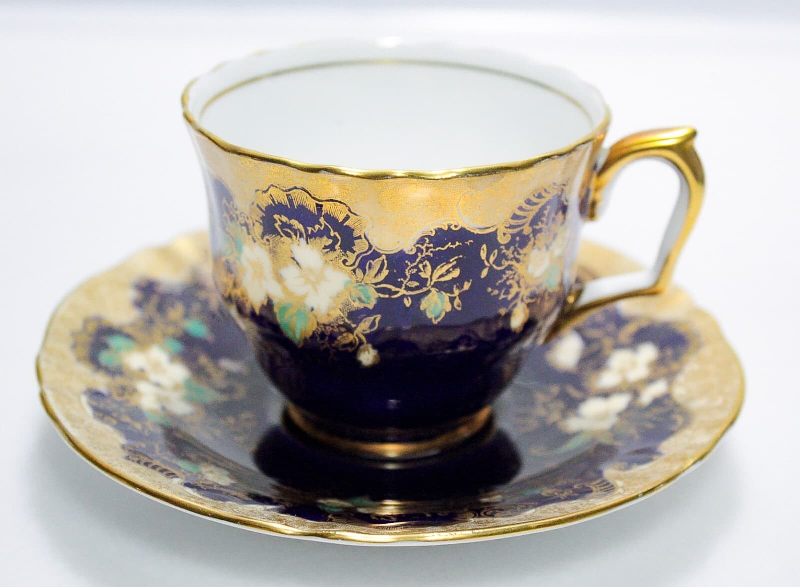 CROWN STAFFORDSHIRE Antique England Fine Bone China Cobalt Floral Cup & Saucer - Thumbnail 7